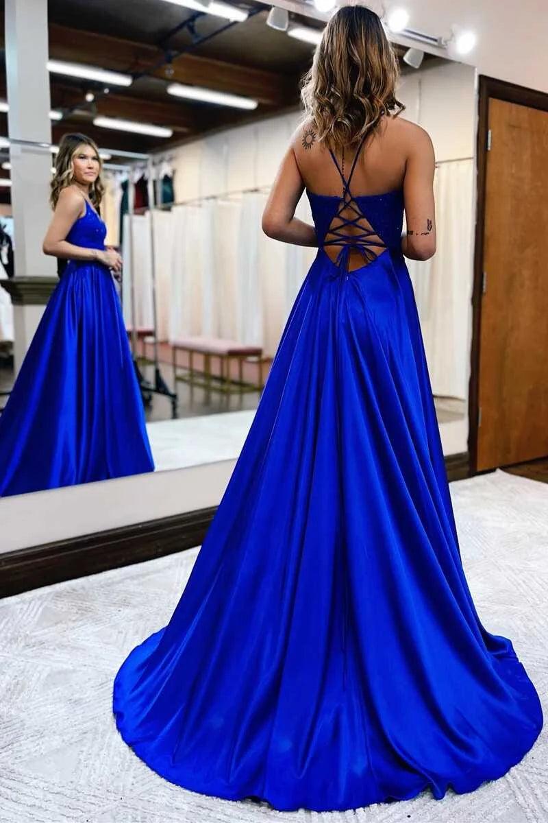 Biztunnel Royal Blue Spaghetti Strap Long A Line Prom Dress Lace-up Back with Split
