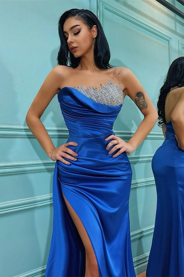 Biztunnel Royal Blue Strapless Sleeveless High-split Mermaid Evening Dress with Beads