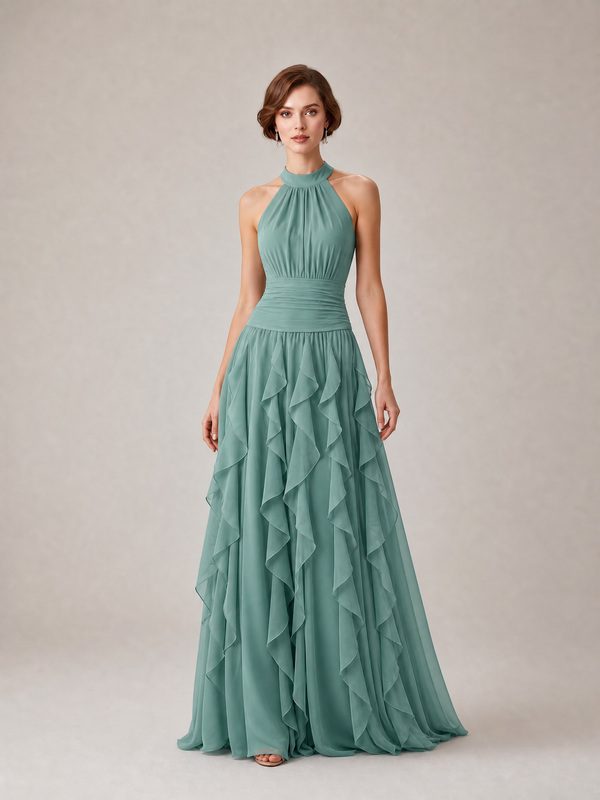 Sage Green Halter Neck Ruffled Chiffon Mother of the Bride Dress