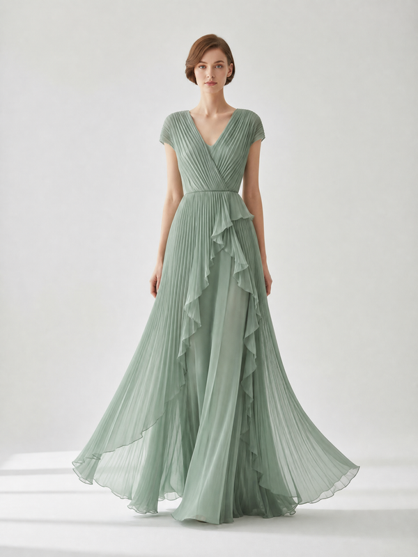 Sage Green Pleated Chiffon V-Neck Cap Sleeve Formal Mother of the Bride Dress