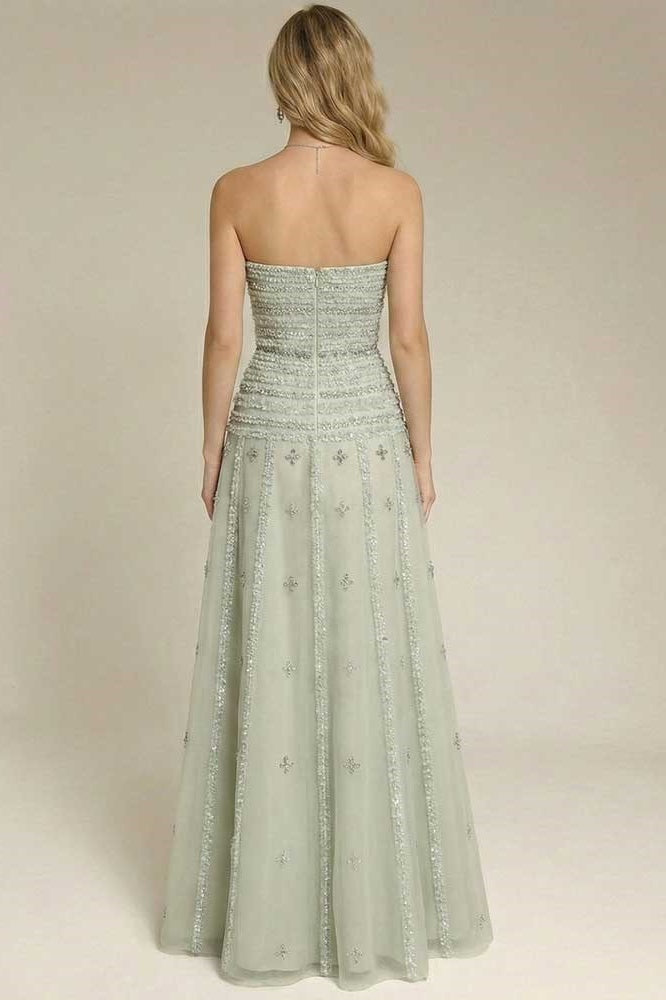 Biztunnel Sage Green Strapless A Line Sleeveless Prom Dress with Appliques