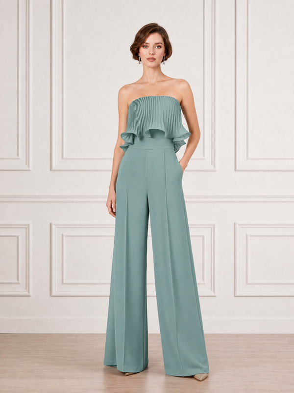 Sage Green Strapless Pleated Ruffle Formal Jumpsuit for Mother of the Bride
