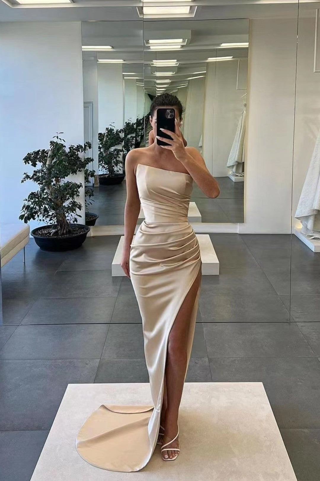 Biztunnel Satin Sleeveless Strapless Long Mermaid Prom Dress with Split