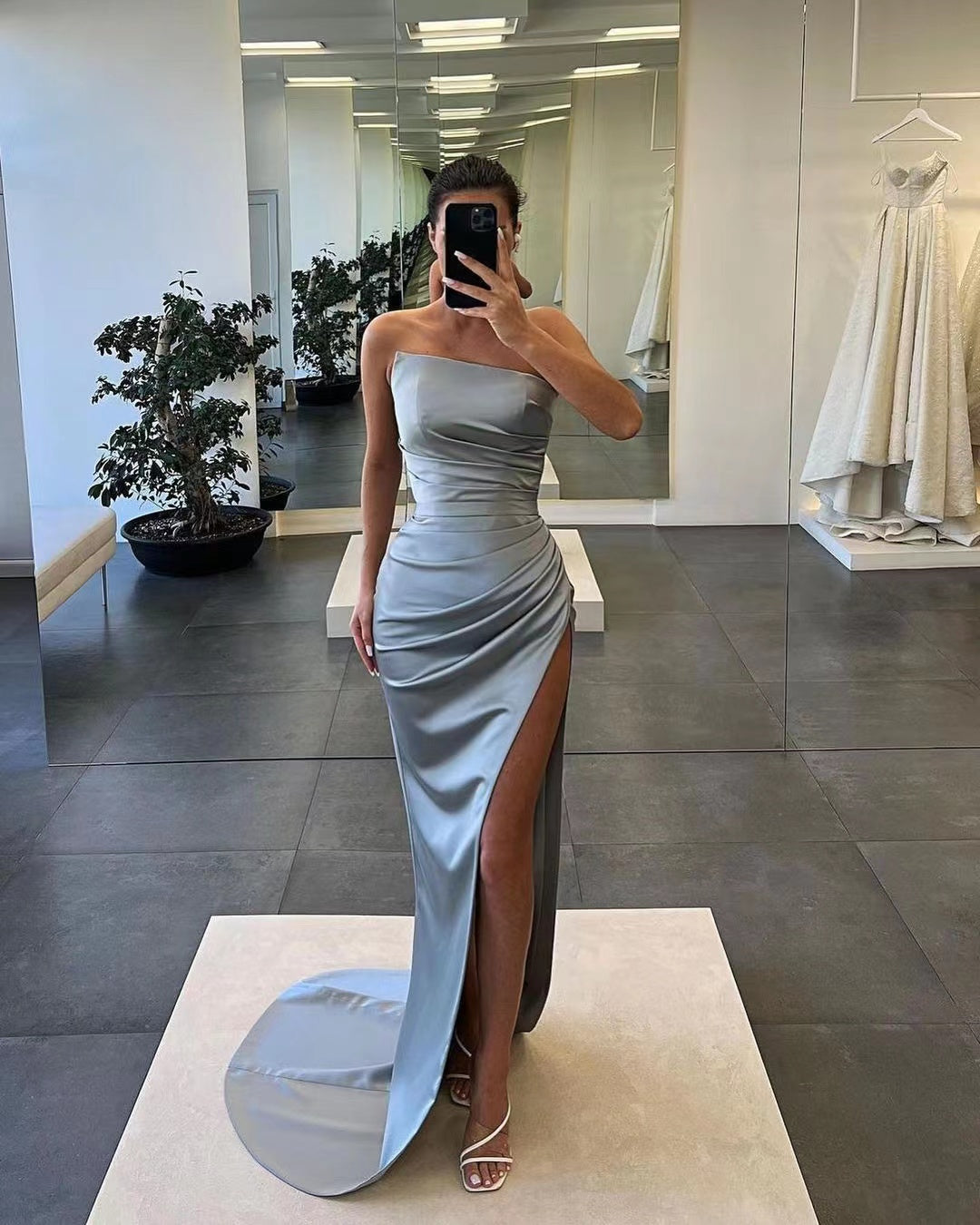 Biztunnel Satin Sleeveless Strapless Long Mermaid Prom Dress with Split