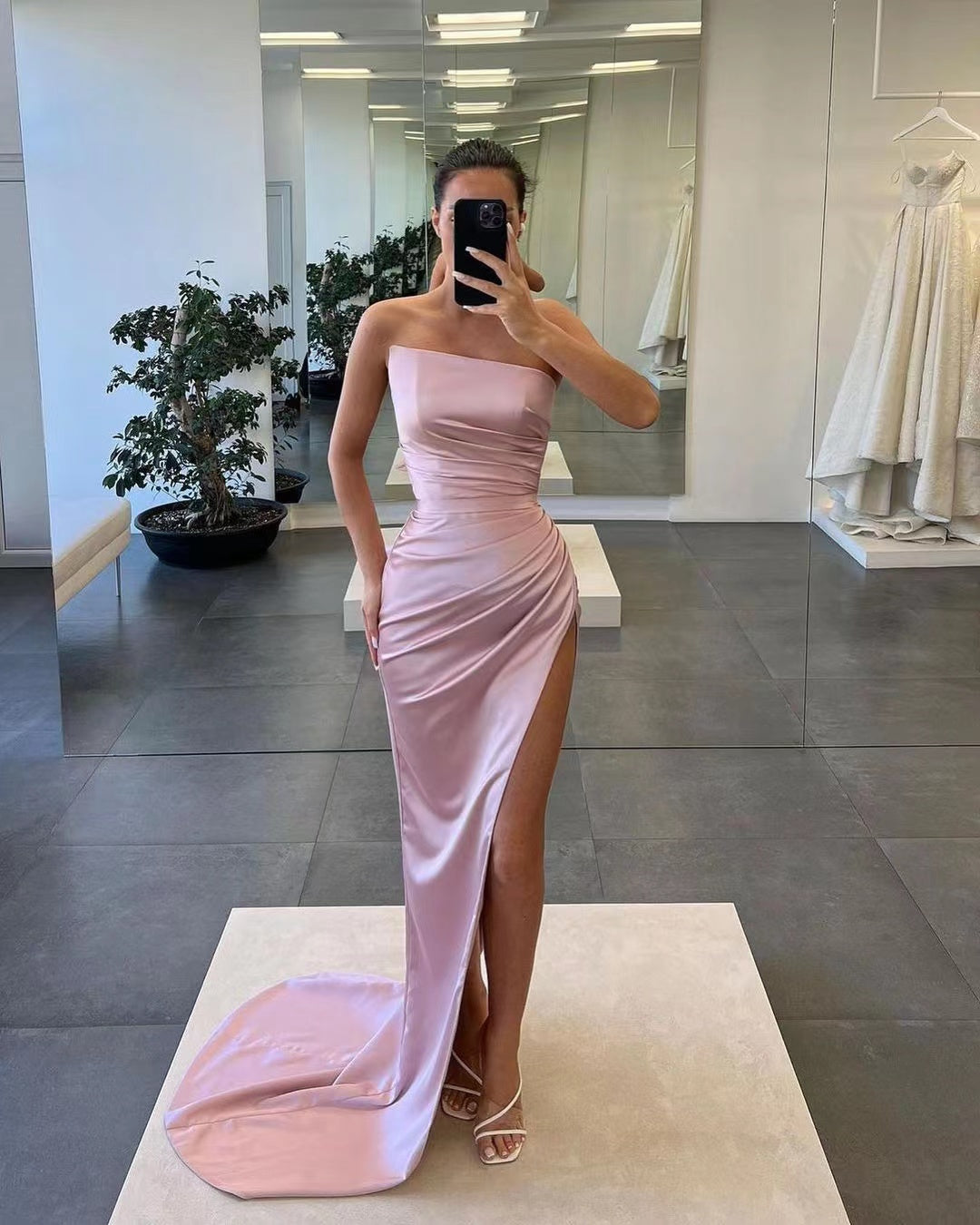 Biztunnel Satin Sleeveless Strapless Long Mermaid Prom Dress with Split