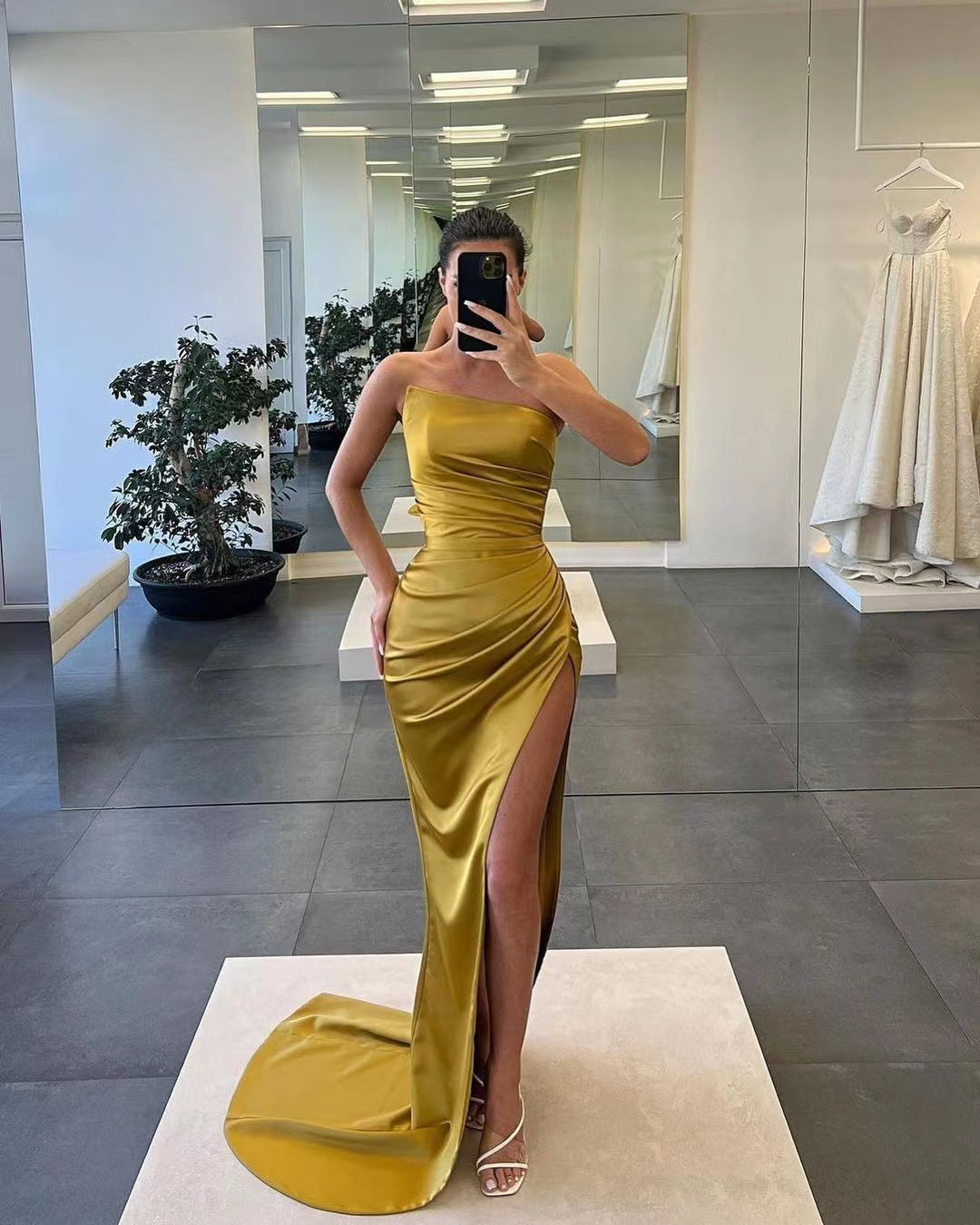 Biztunnel Satin Sleeveless Strapless Long Mermaid Prom Dress with Split