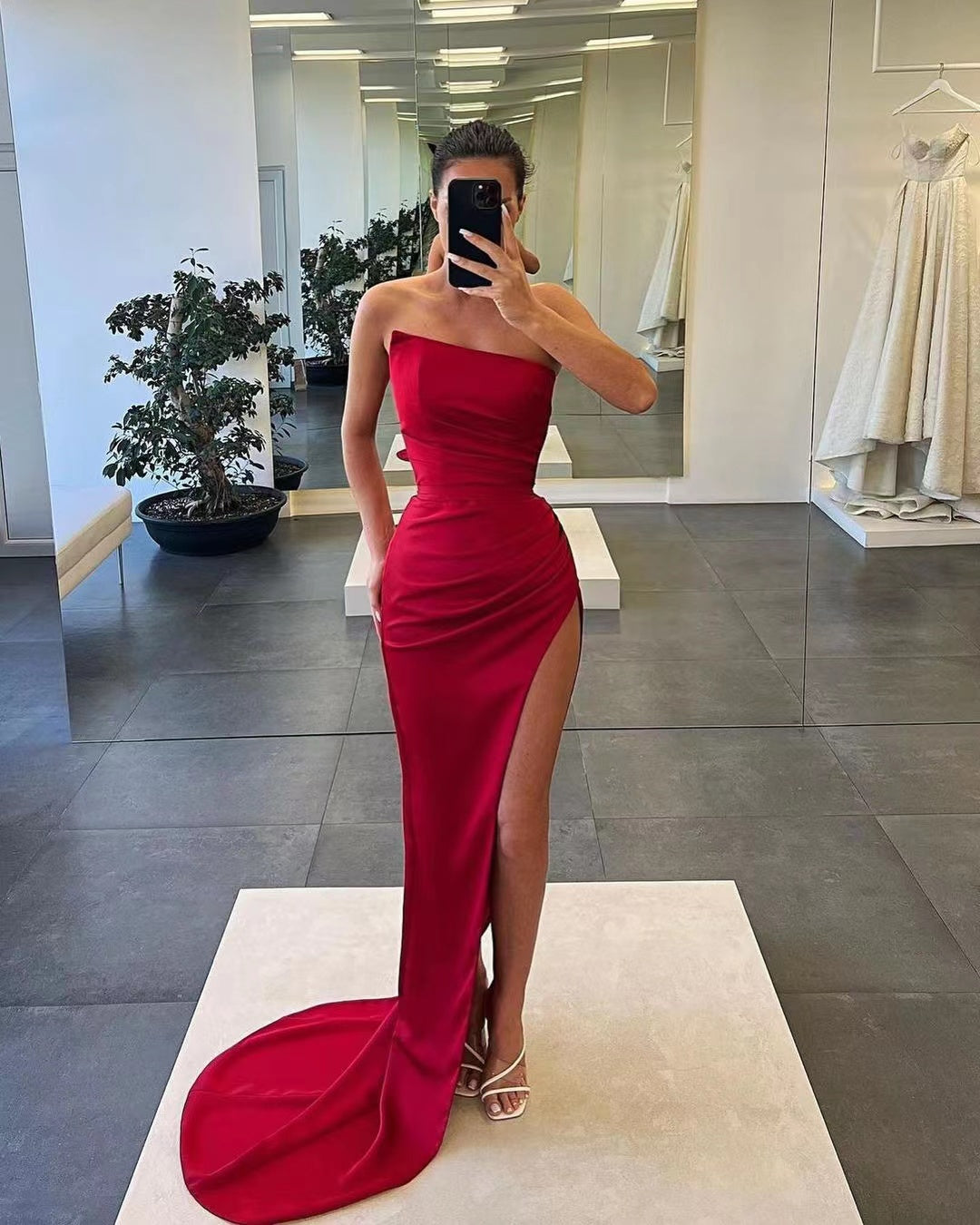Biztunnel Satin Sleeveless Strapless Long Mermaid Prom Dress with Split