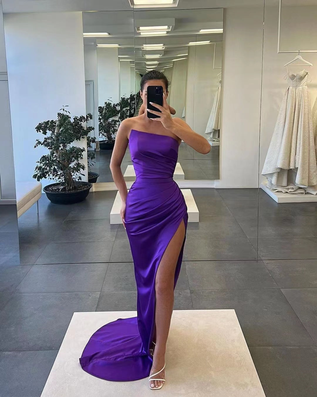 Biztunnel Satin Sleeveless Strapless Long Mermaid Prom Dress with Split