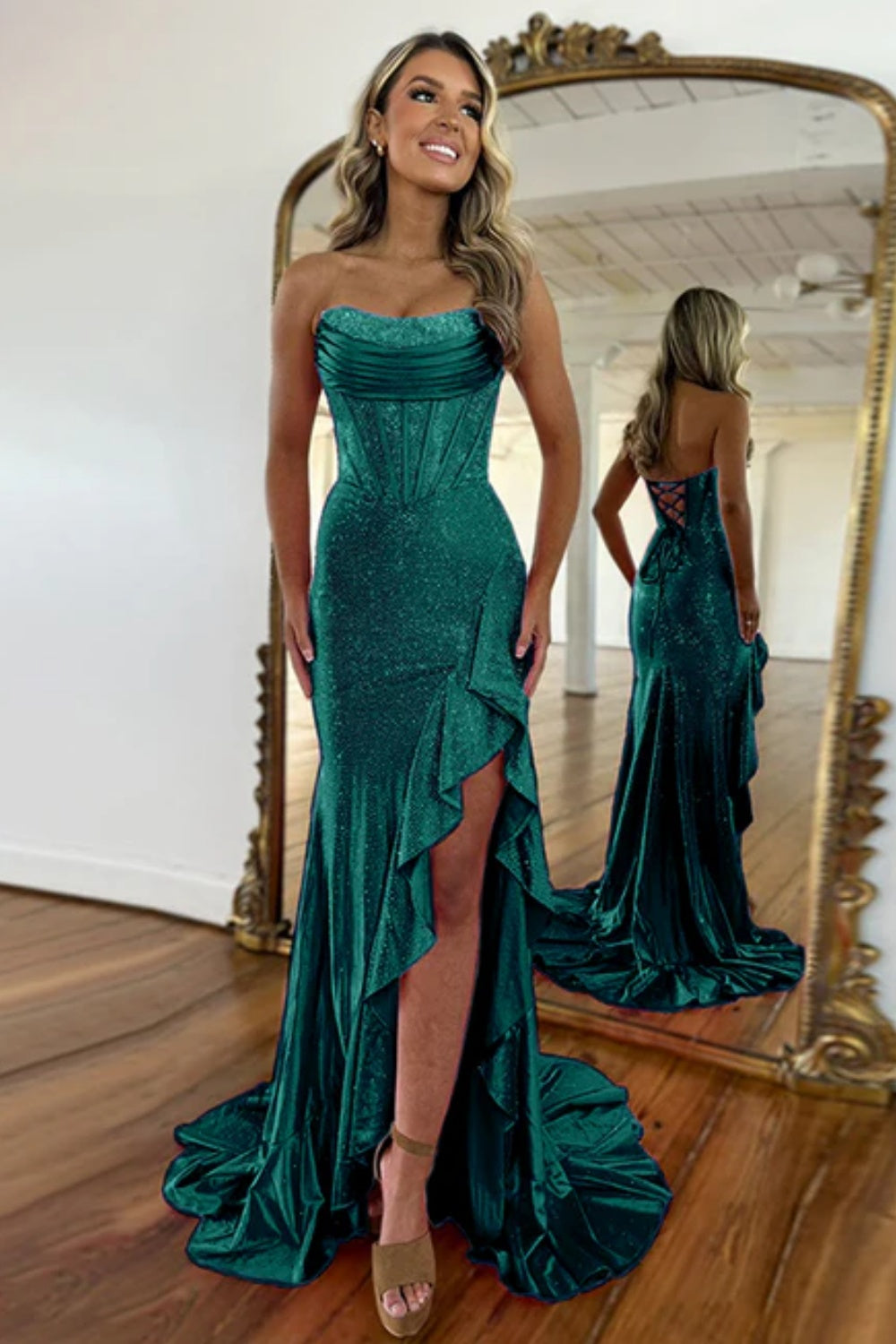 Biztunnel Sequined Strapless Mermaid Sleeveless Prom Dress with Split