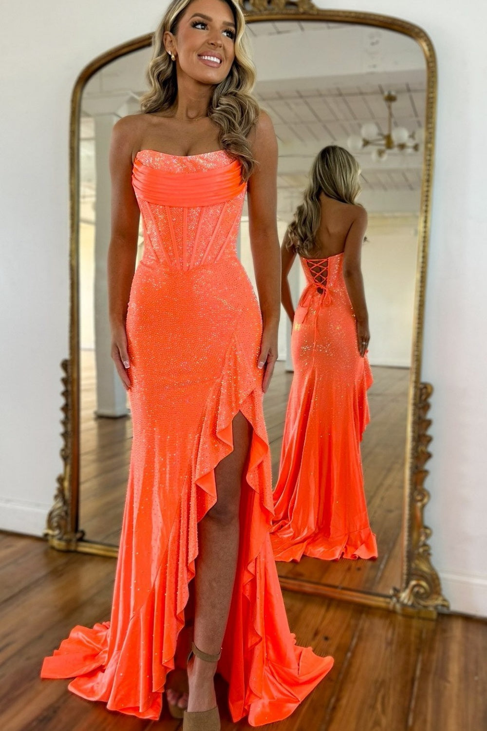 Biztunnel Sequined Strapless Mermaid Sleeveless Prom Dress with Split