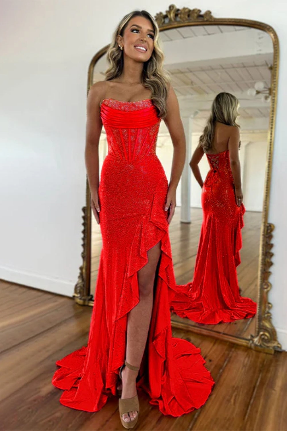 Biztunnel Sequined Strapless Mermaid Sleeveless Prom Dress with Split