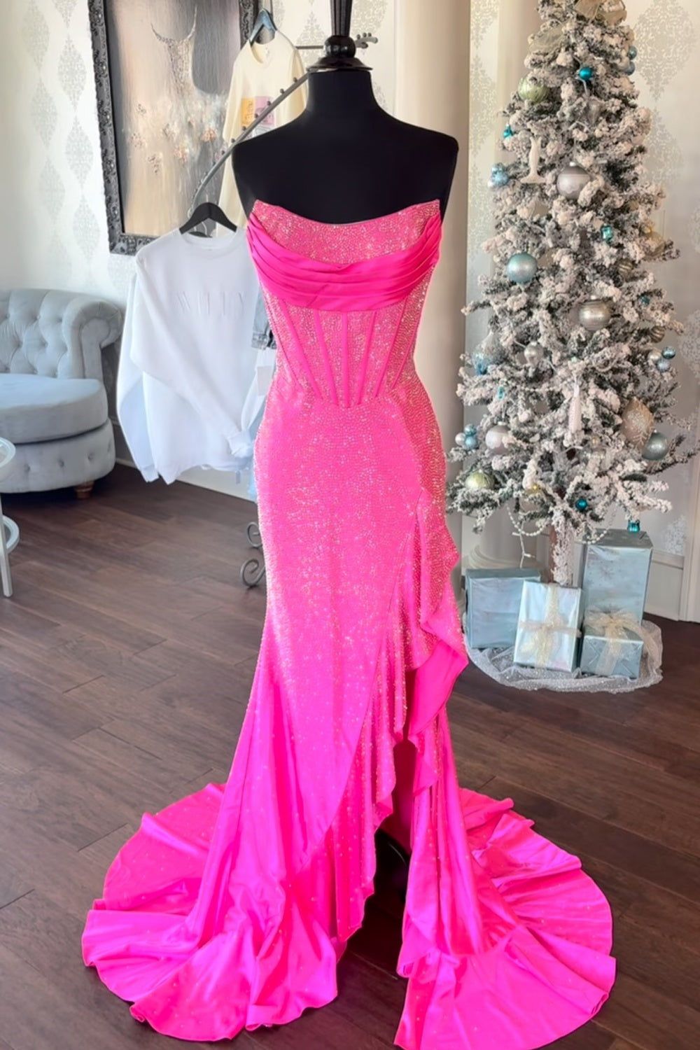 Biztunnel Sequined Strapless Mermaid Sleeveless Prom Dress with Split