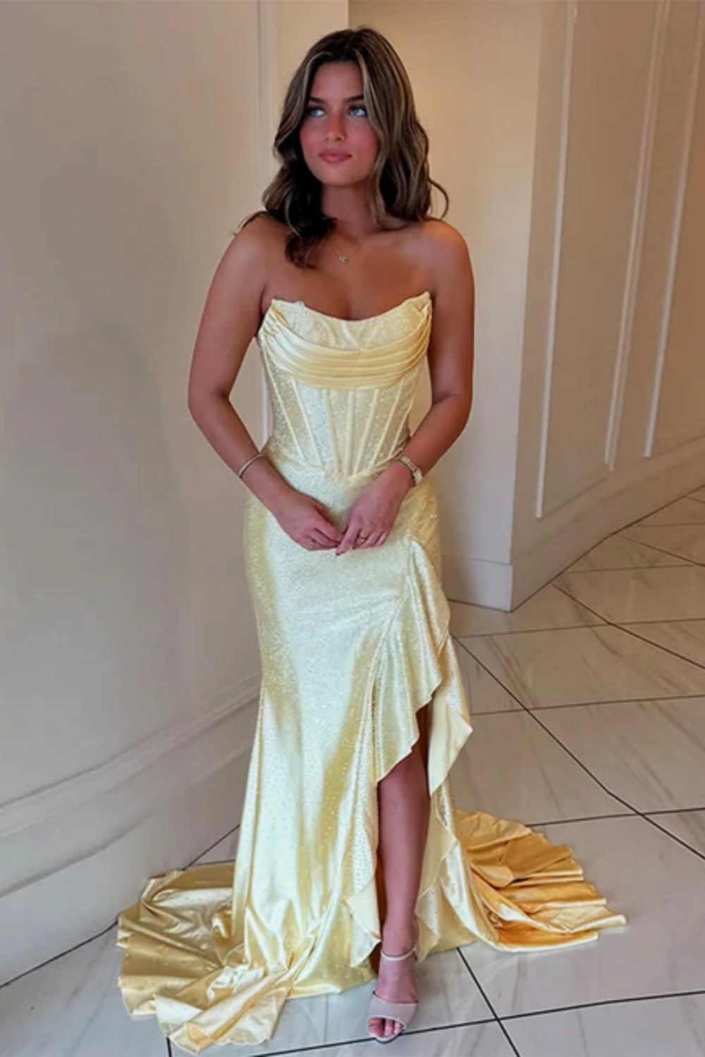 Biztunnel Sequined Strapless Mermaid Sleeveless Prom Dress with Split