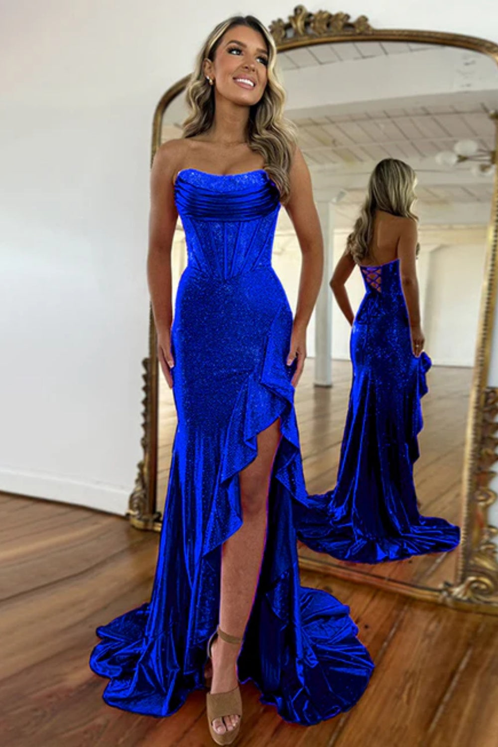 Biztunnel Sequined Strapless Mermaid Sleeveless Prom Dress with Split