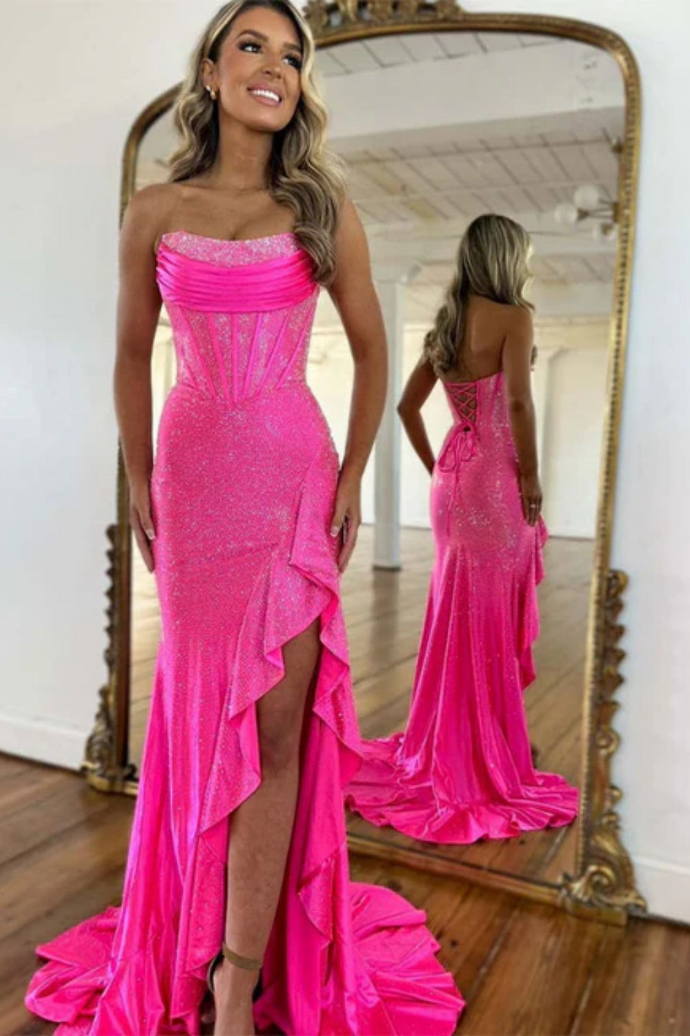 Biztunnel Sequined Strapless Mermaid Sleeveless Prom Dress with Split