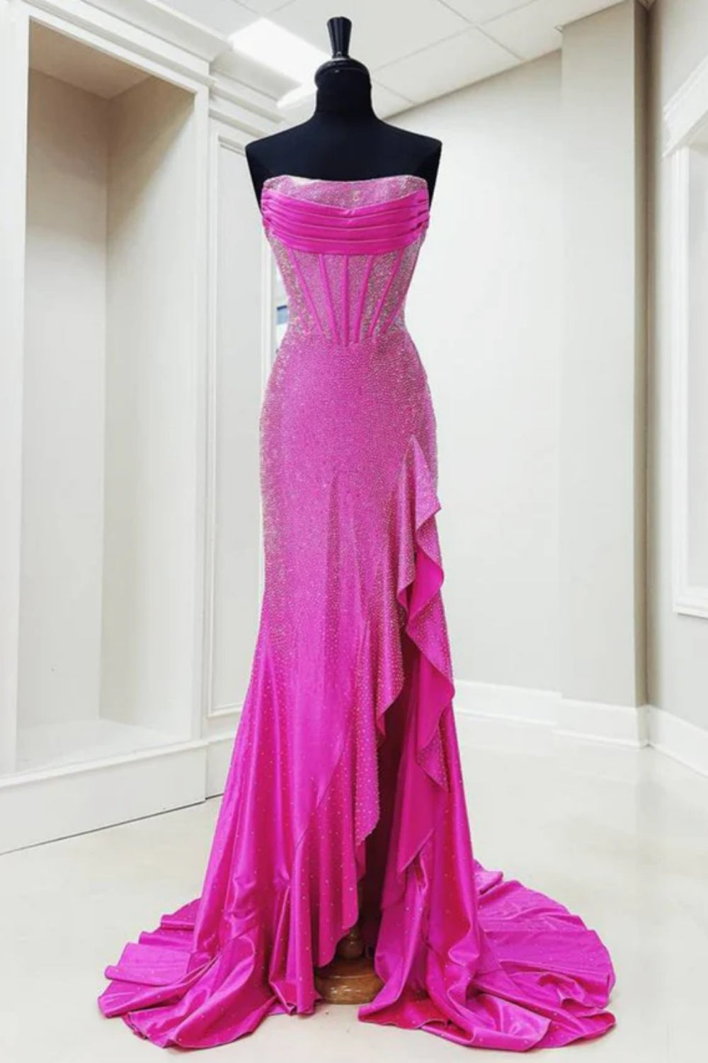 Biztunnel Sequined Strapless Mermaid Sleeveless Prom Dress with Split