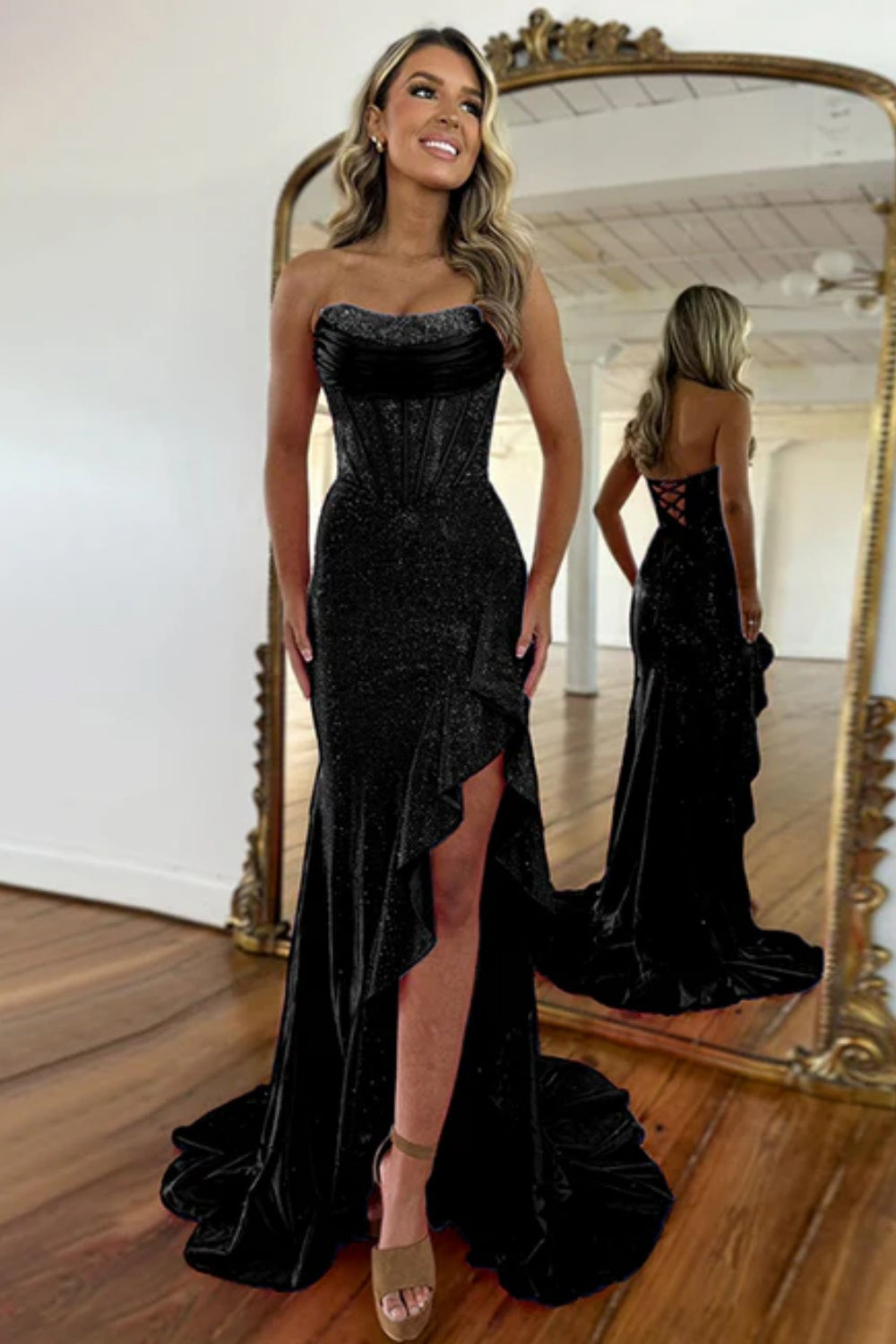 Biztunnel Sequined Strapless Mermaid Sleeveless Prom Dress with Split