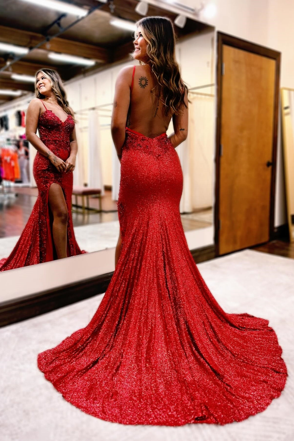 Sexy V-Neck Backless Spaghetti Straps Sequined Mermaid Prom Dresses with Split