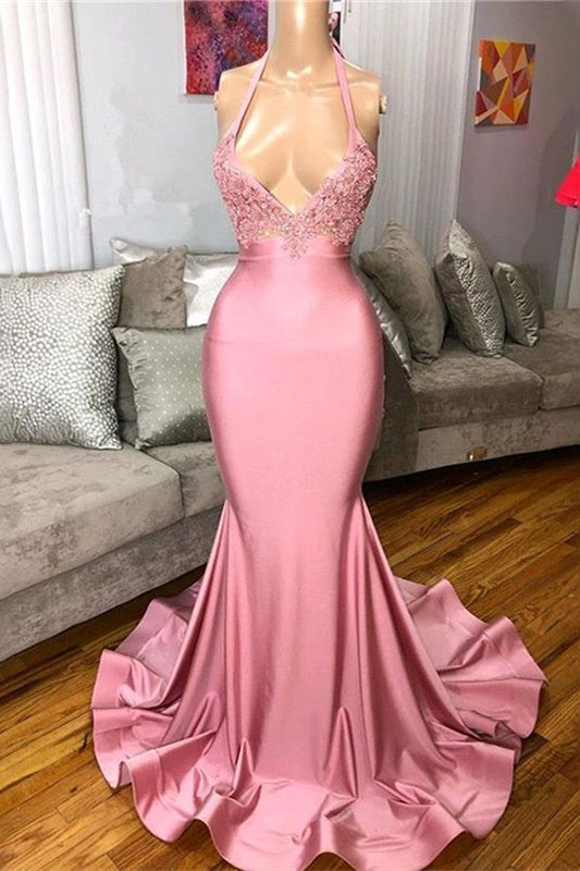 Biztunnel Sexy Mermaid Pink Halter Long Prom Dress with Appliques