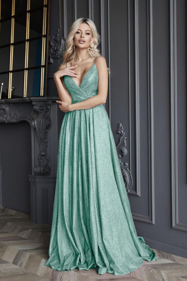 Biztunnel Sexy V-neck Spaghetti Strap Prom Dress with Pleats