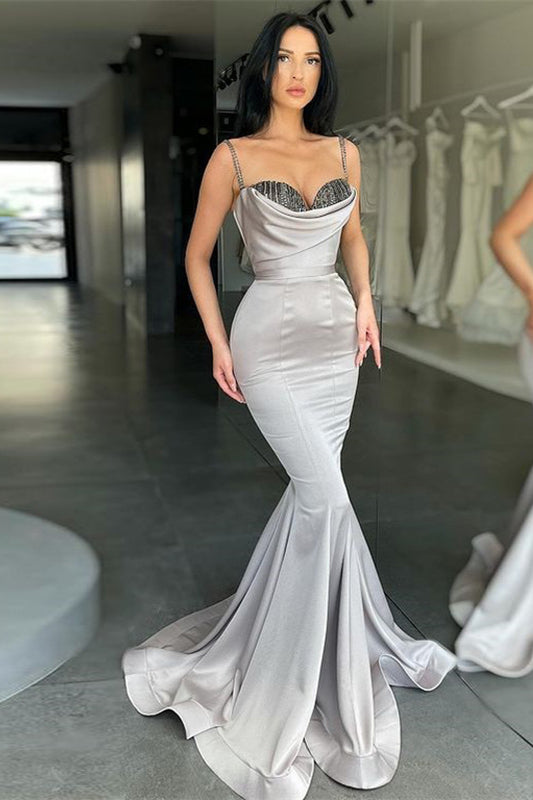 Biztunnel Silver Gray Spaghetti-Straps Mermaid Long Prom Dress with Beadings
