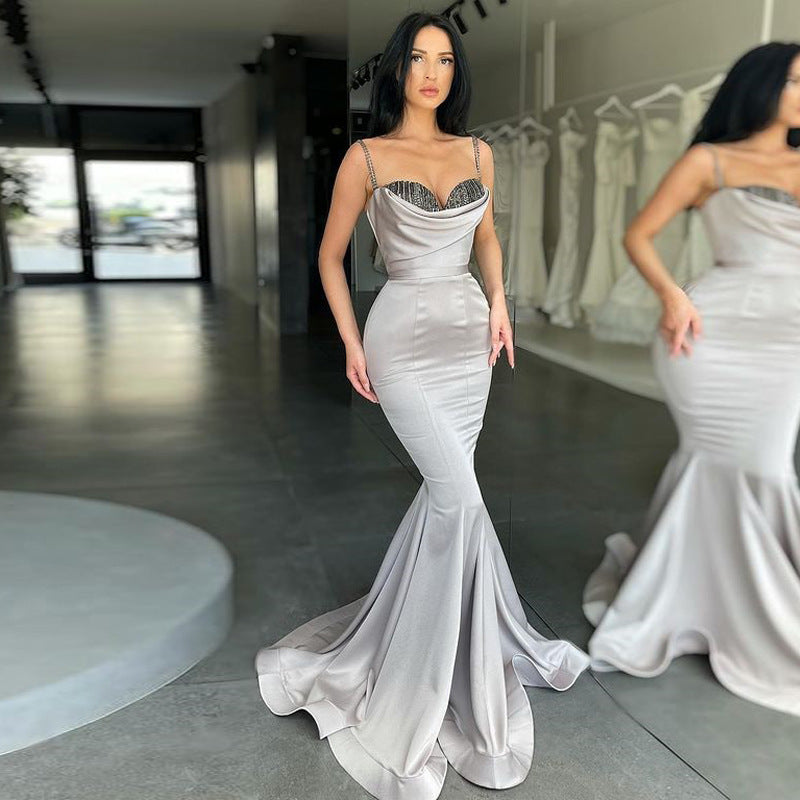 Biztunnel Silver Gray Spaghetti-Straps Mermaid Long Prom Dress with Beadings