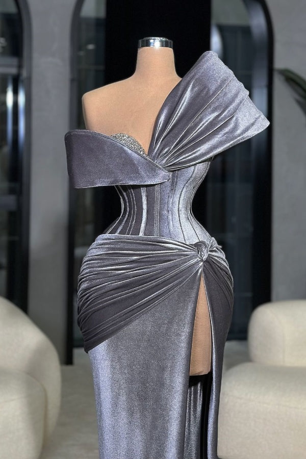 Biztunnel Silver Gray Strapless One-shoulder Mermaid Evening Dress with Split