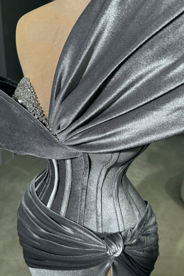 Biztunnel Silver Gray Strapless One-shoulder Mermaid Evening Dress with Split