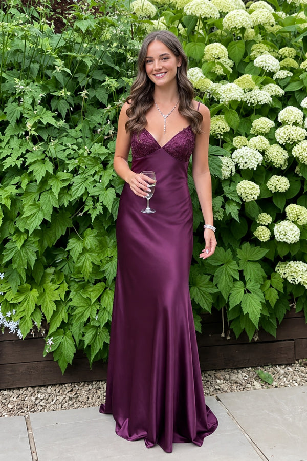 Simple V-neck Satin Spaghetti Straps Sheath Formal Dress