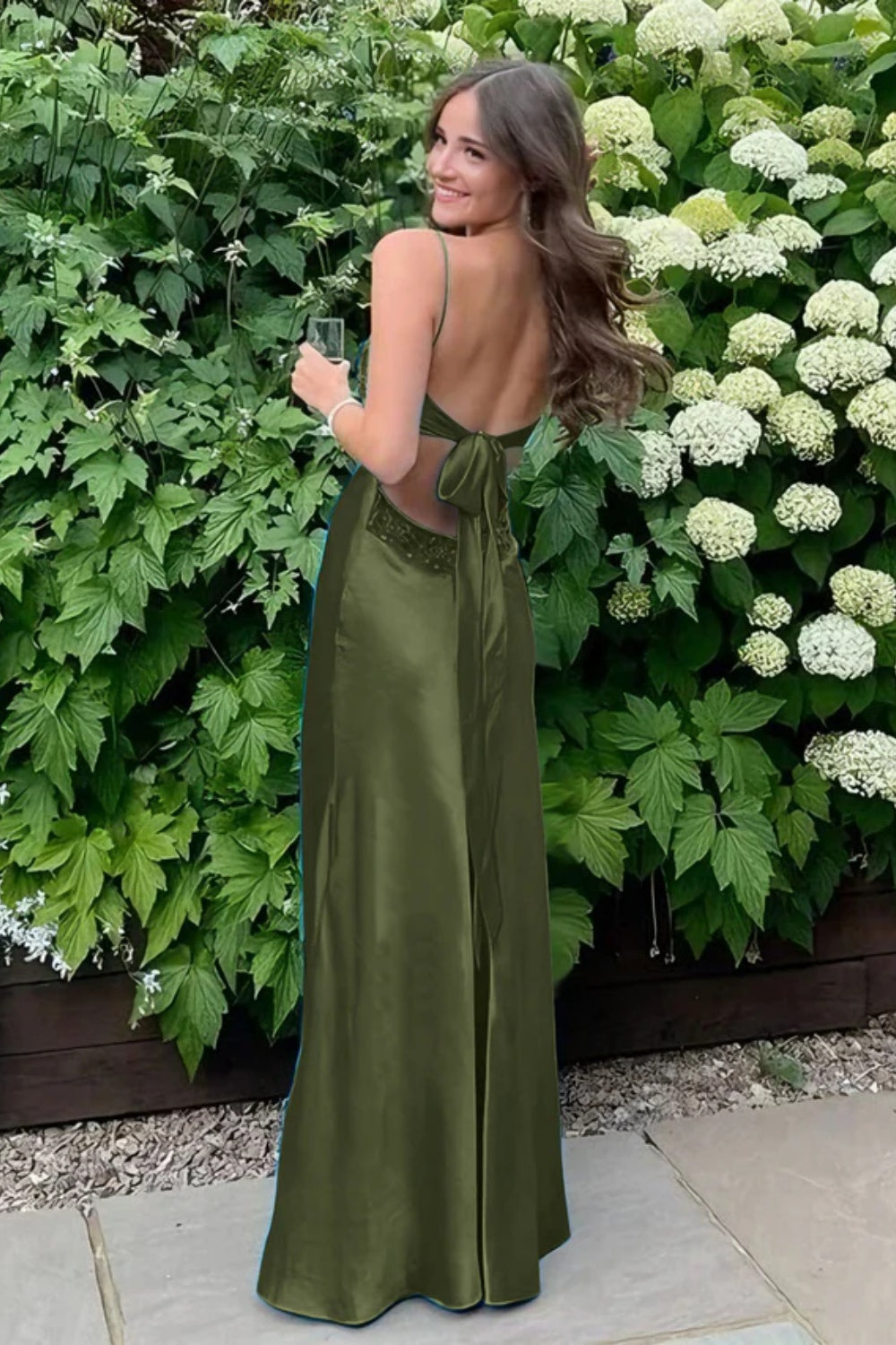 Biztunnel  Simple V-neck Satin Spaghetti Straps Sheath Prom Dress