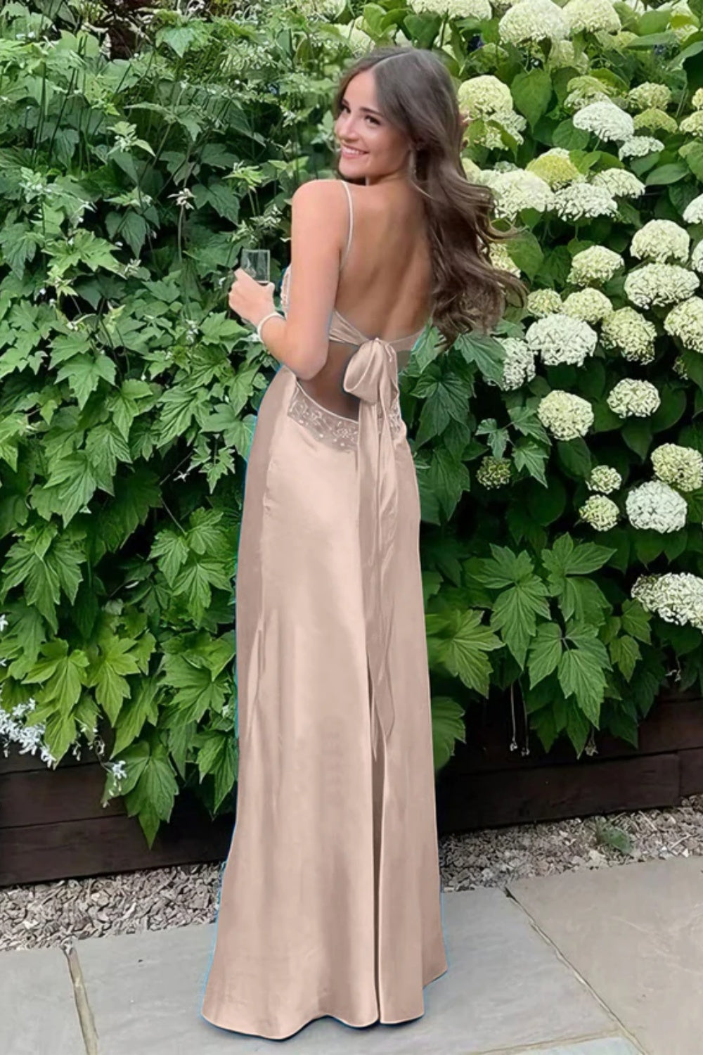 Biztunnel  Simple V-neck Satin Spaghetti Straps Sheath Prom Dress