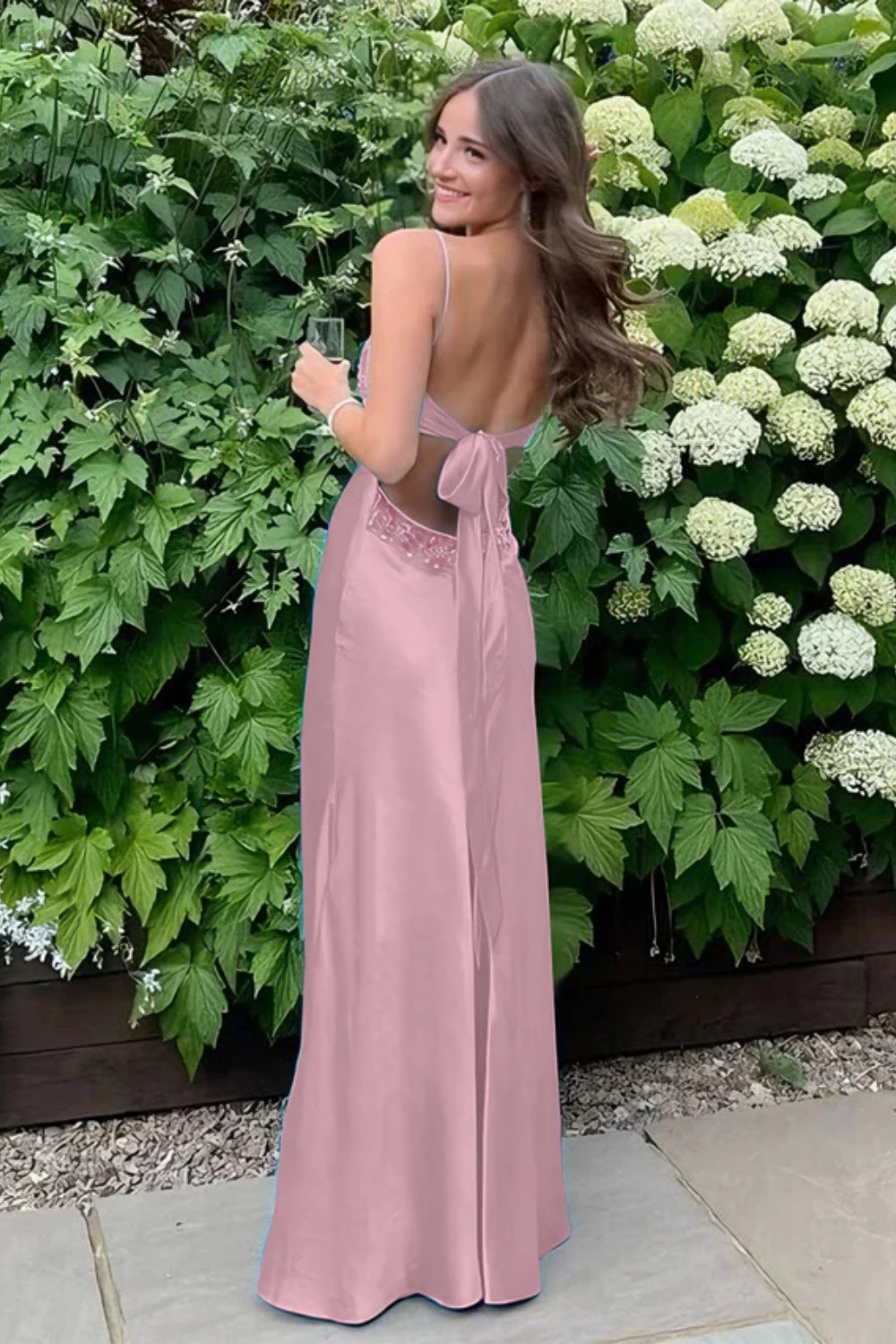 Biztunnel  Simple V-neck Satin Spaghetti Straps Sheath Prom Dress