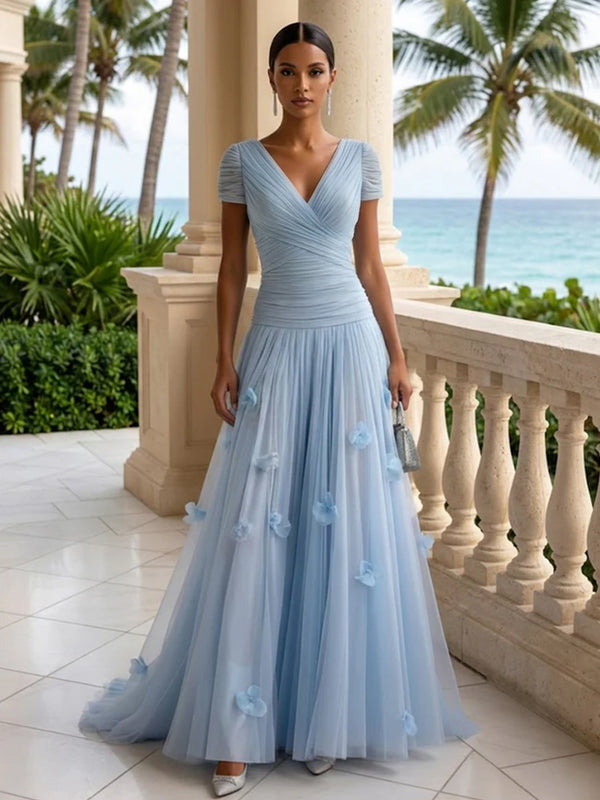 Light Blue Short-Sleeve Tulle Gown Evening Dress with 3D Flower V Neck Pleat Maxi Dress