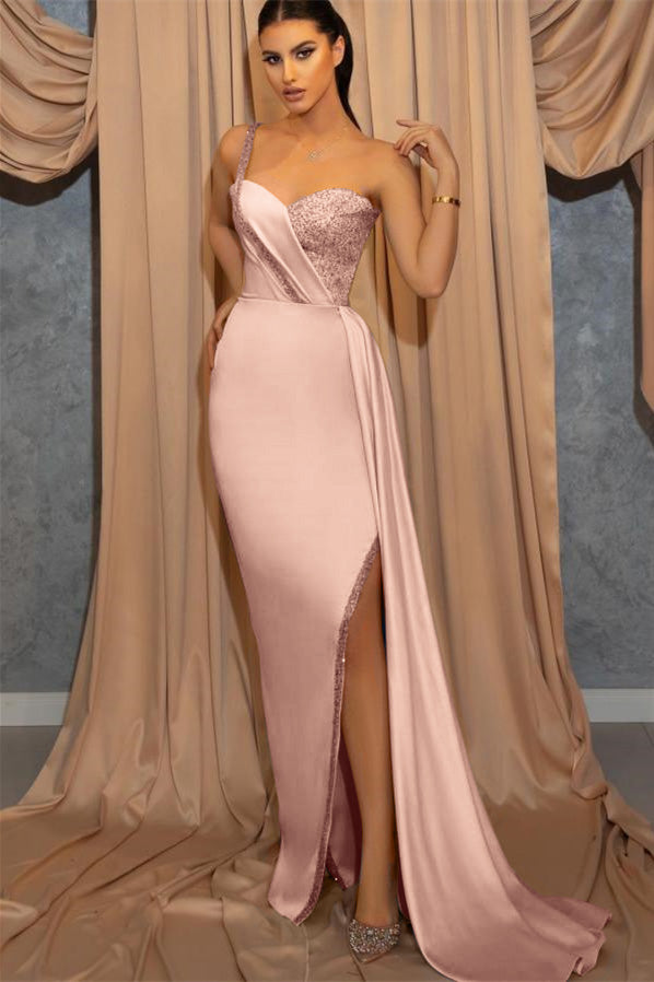 Biztunnel Sky Blue Sleeveless Mermaid One Shoulder Long Evening Dress with Split