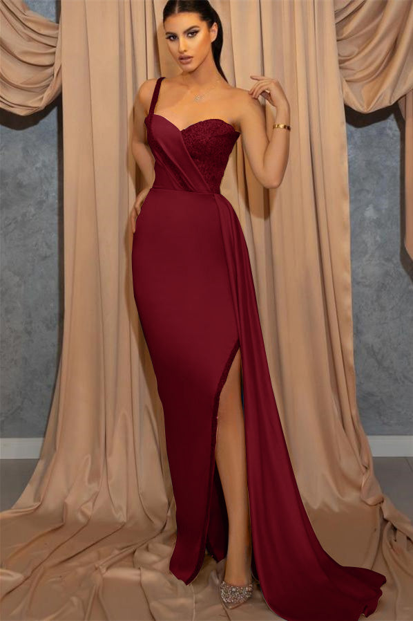 Biztunnel Sky Blue Sleeveless Mermaid One Shoulder Long Evening Dress with Split