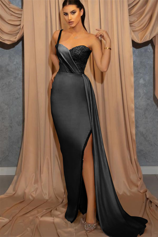 Biztunnel Sky Blue Sleeveless Mermaid One Shoulder Long Evening Dress with Split