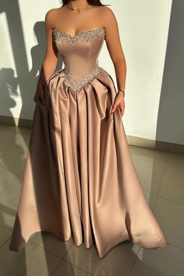 Biztunnel Sleeveless Sweetheart Strapless A Line Long Prom Dress with Rhinestones