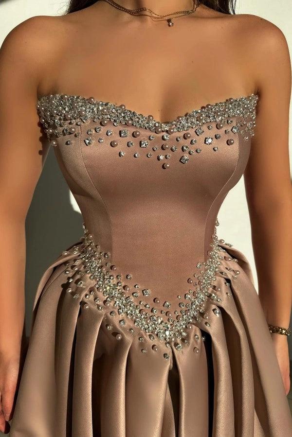 Biztunnel Sleeveless Sweetheart Strapless A Line Long Prom Dress with Rhinestones