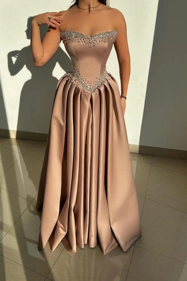 Biztunnel Sleeveless Sweetheart Strapless A Line Long Prom Dress with Rhinestones