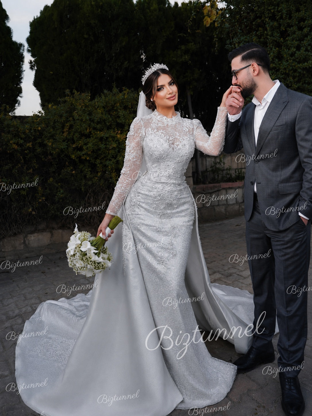 Silver-Charming Long Sleeves High Neck Satin Lace Mermaid Wedding Dress