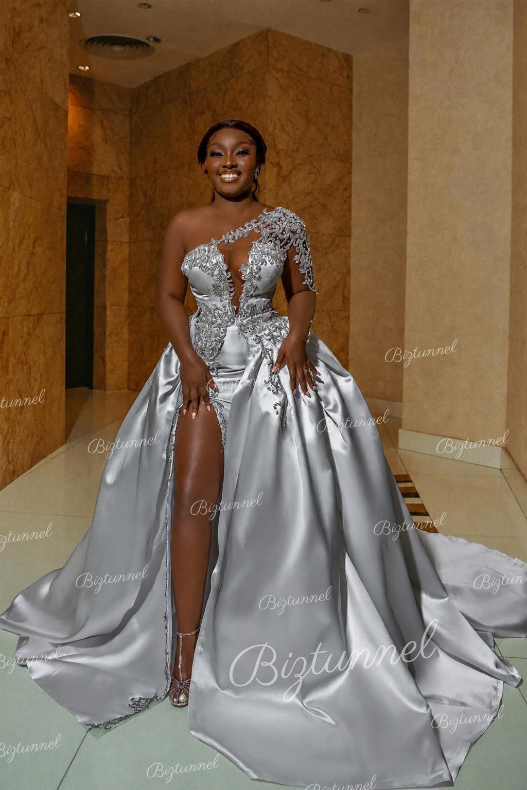 Sliver Biztunnel Gorgeous Long A-line Satin Wedding Dress with Slit