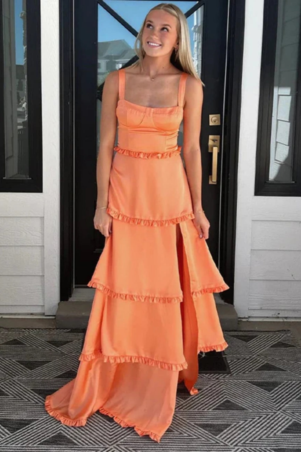 Biztunnel Square-neck Chiffon A Line Ruffled Formal Dress with Split