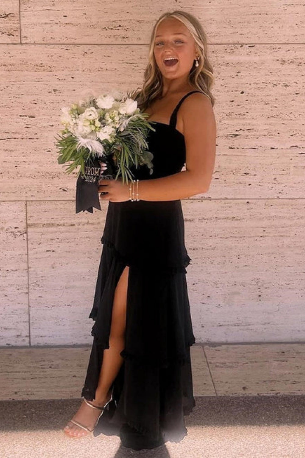 Biztunnel Square-neck Chiffon A Line Ruffled Formal Dress with Split