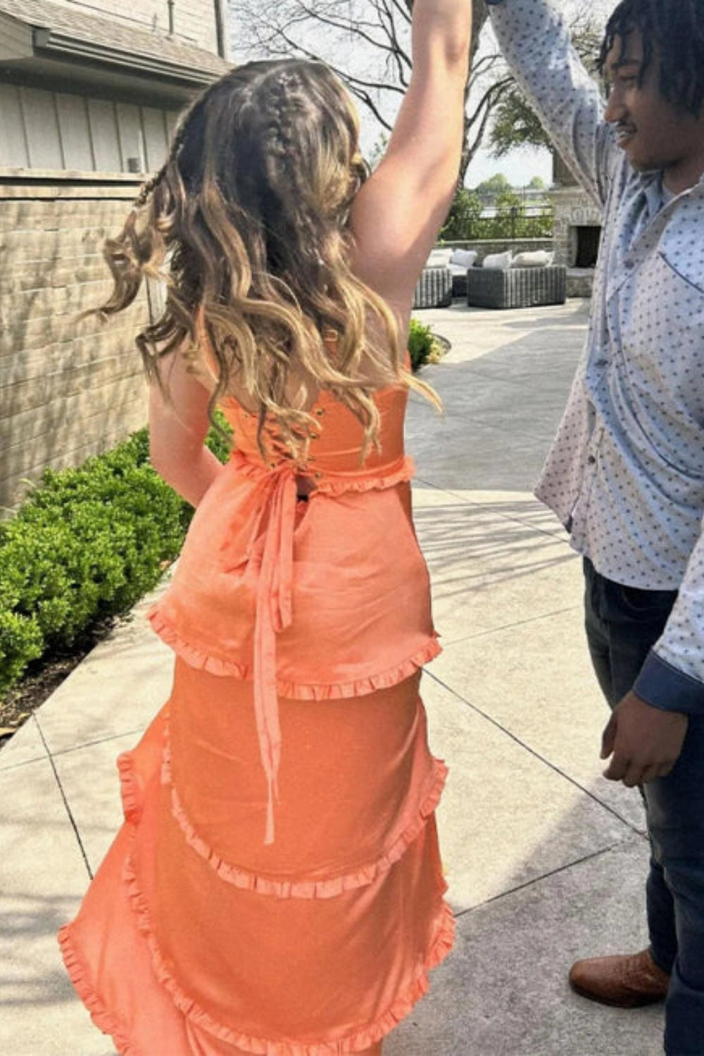 Biztunnel Square-neck Chiffon A Line Ruffled Formal Dress with Split