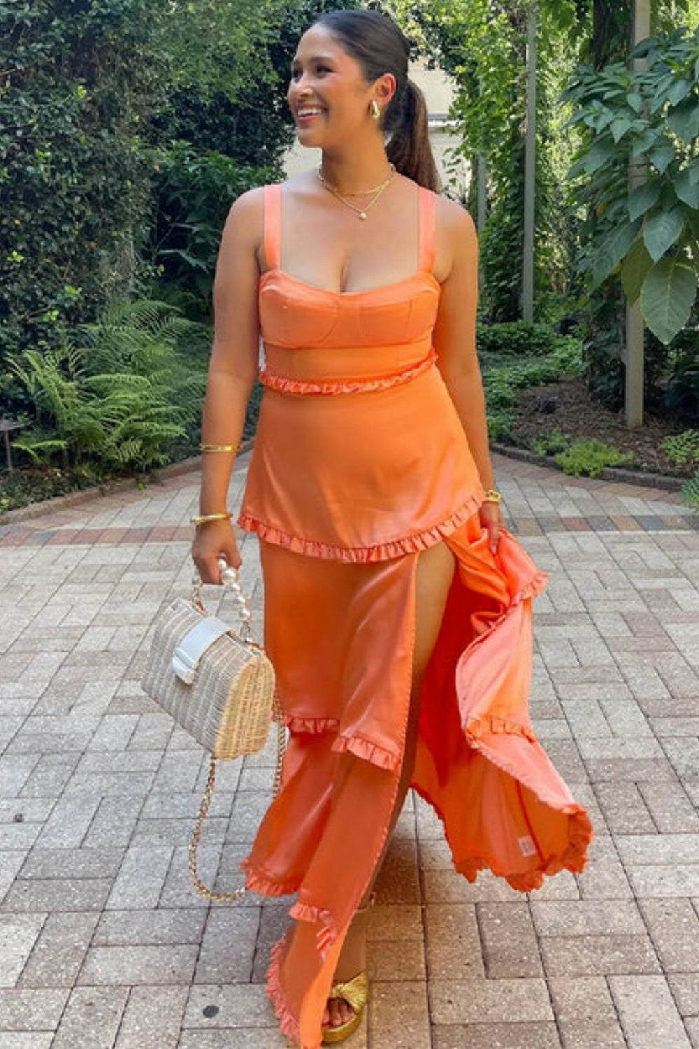 Biztunnel Square-neck Chiffon A Line Ruffled Formal Dress with Split