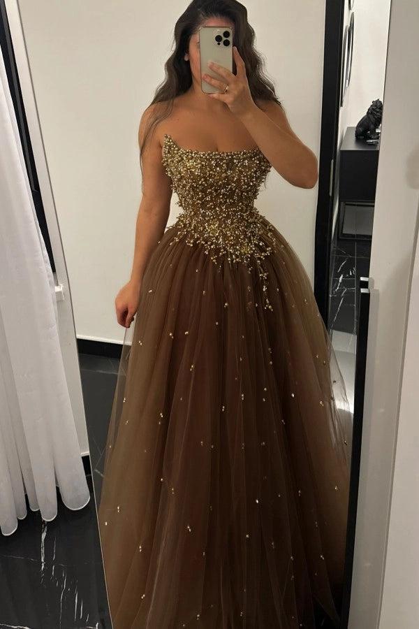 Biztunnel Strapless A-line Tulle Prom Dress Sleeveless with Beads