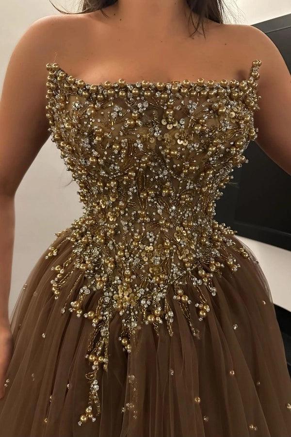 Biztunnel Strapless A-line Tulle Prom Dress Sleeveless with Beads