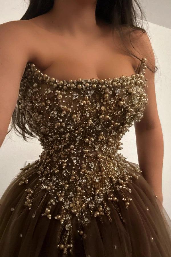 Biztunnel Strapless A-line Tulle Prom Dress Sleeveless with Beads