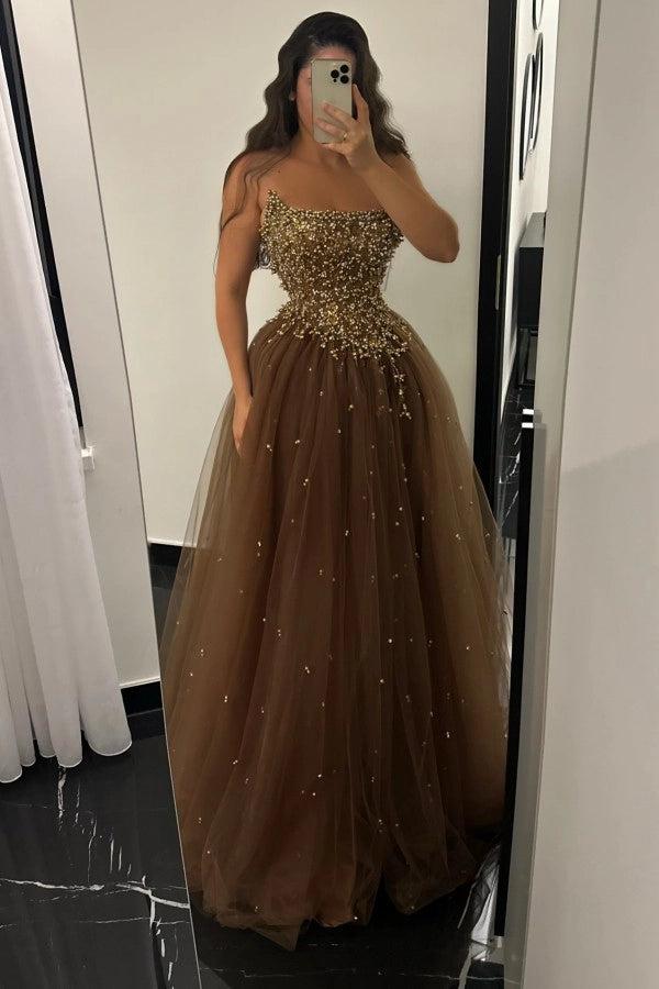 Biztunnel Strapless A-line Tulle Prom Dress Sleeveless with Beads