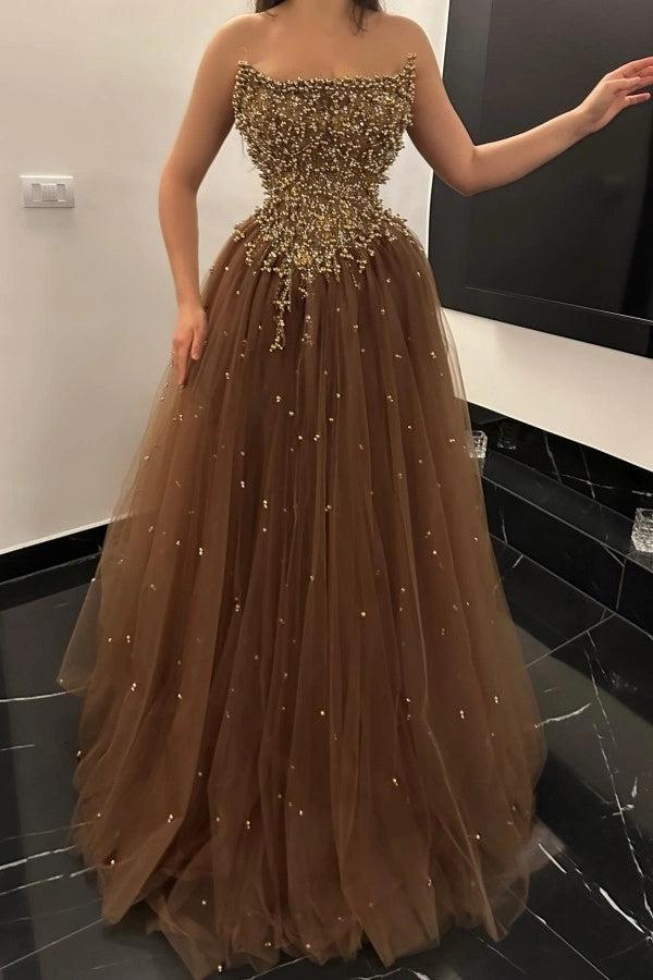 Biztunnel Strapless A-line Tulle Prom Dress Sleeveless with Beads